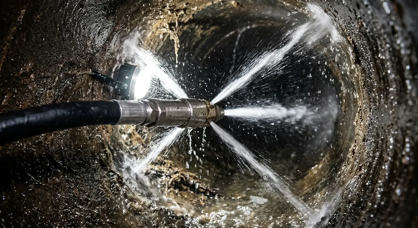 High-pressure hydro jetting nozzle cleaning sewer pipe for Sewer Cleanout in Oakland