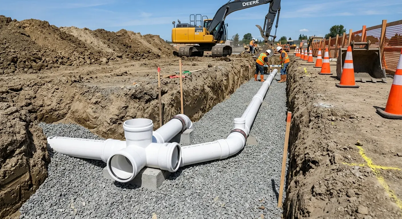 New PVC sewer pipe installation in open trench for Sewer Camera Inspection in Oakland