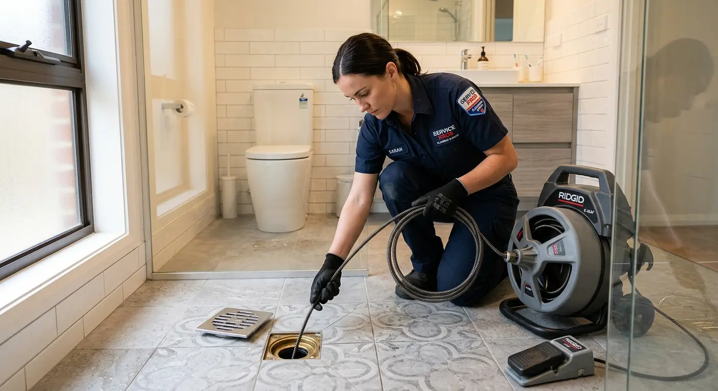 Technician clearing a bathroom floor drain for Hydro Jetting in Oakland